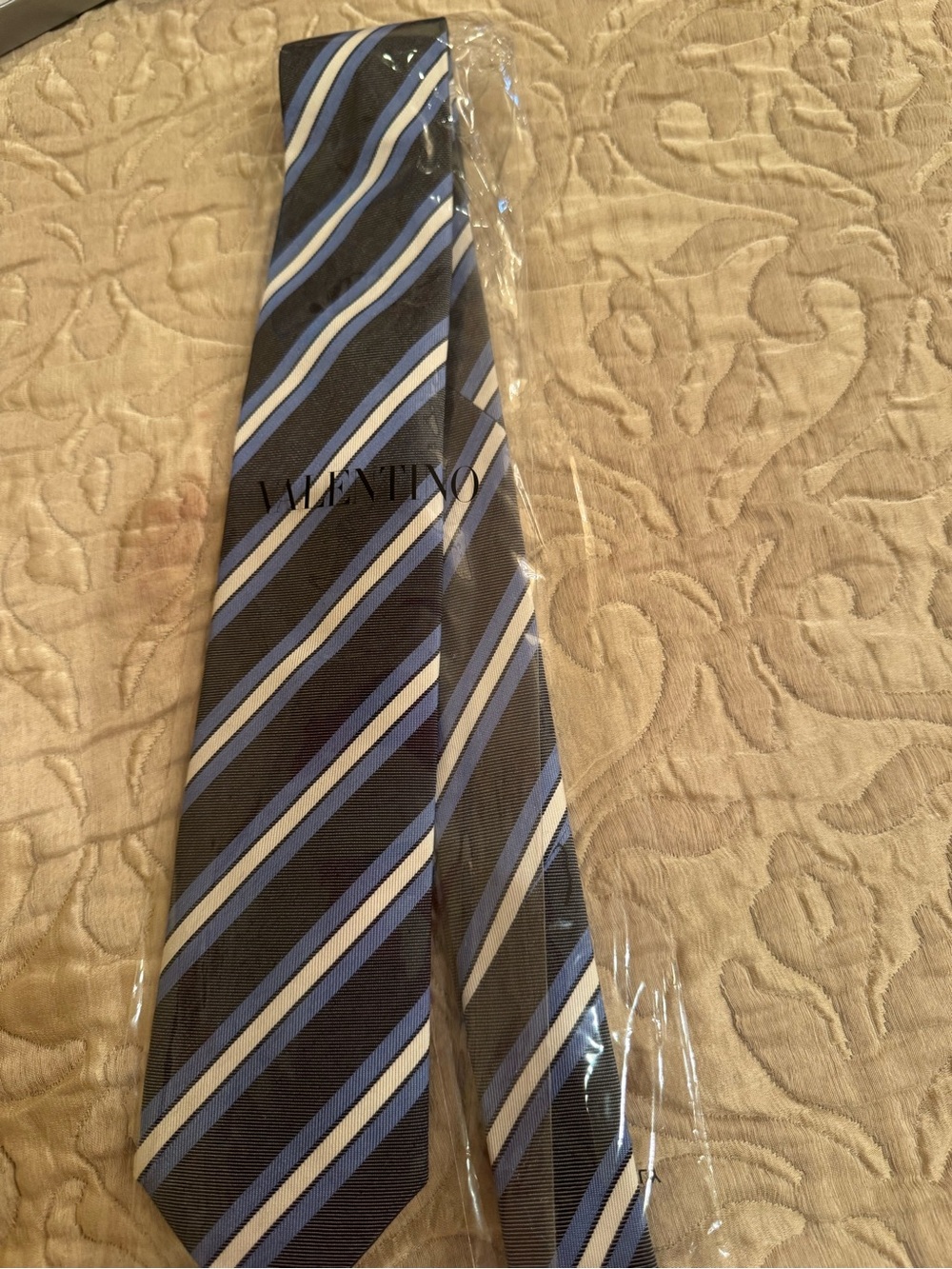 Valentino Navy, Light Blue & White Diagonal Stripe Silk Tie